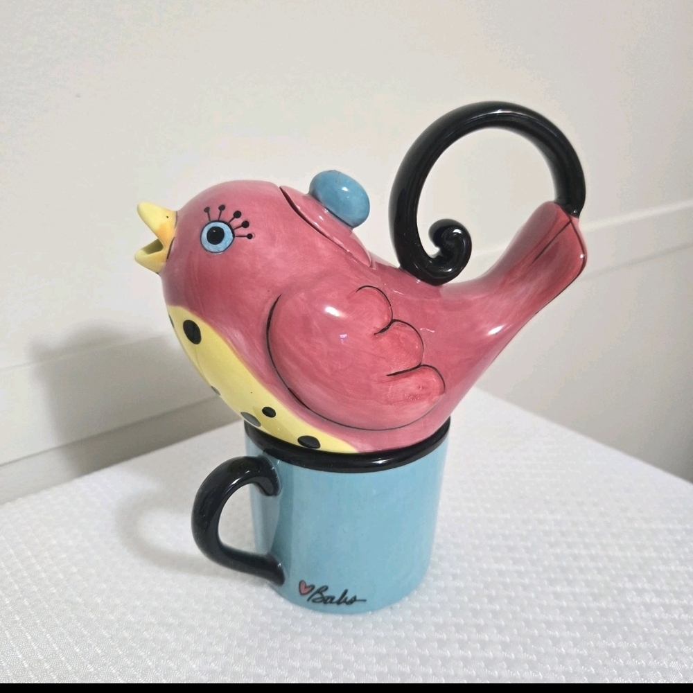 Babs Tea For One Teapot W Demitasse Cup Set Pink Bird Beak Pour Decorative
